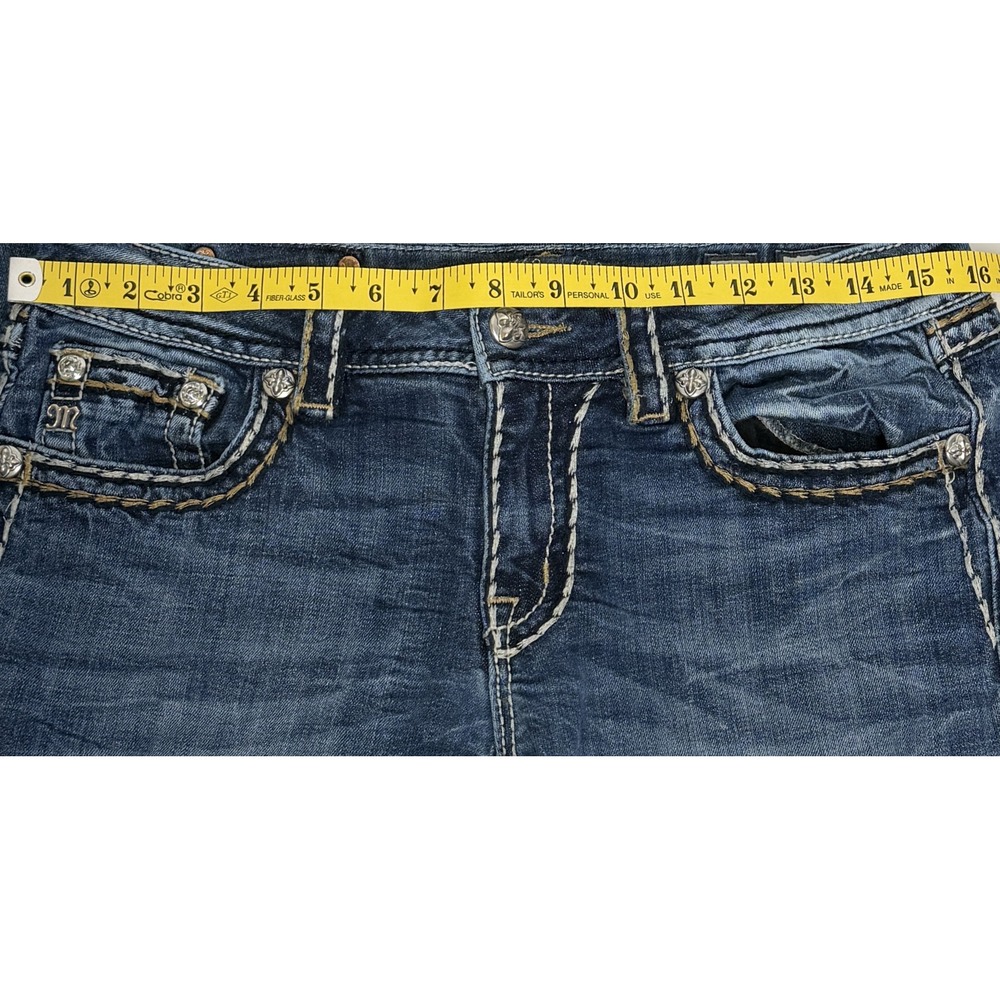 Miss Me Y2K Grunge Rhinestone Flap Pocket Bootcut Jeans Blue Denim Size 30 - Picture 12 of 16